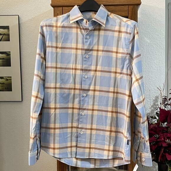 NWT $158 Blue / Tan Tartan Plaid Shirt STONE ROSE M - Picture 4 of 6